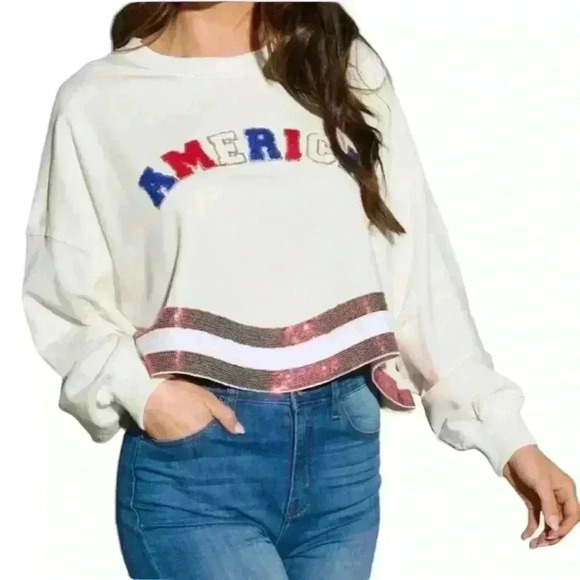 Peach Love California Tops - Long Sleeve Sequins America Top